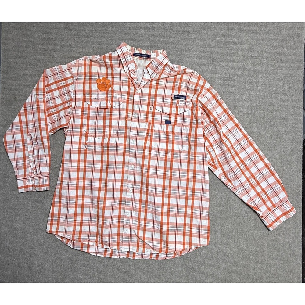 Clemson Tigers Shirt Mens Large NCAA Fishing PFG Columbia Plaid College Football